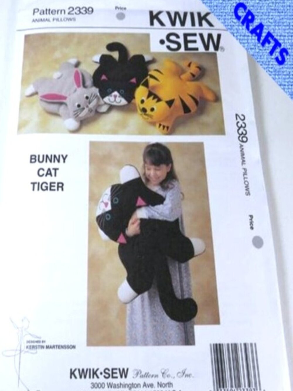 Vintage Kwik Sew 2339 | Kids' Animal Pillows | Kitty Cat, Tiger & Bunny Rabbit